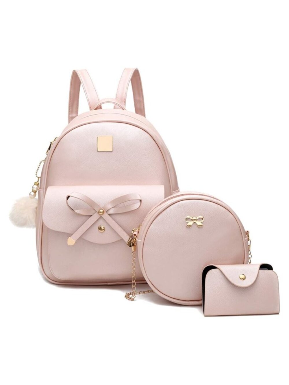 PU Leather 3-Piece Backpack Set with Bowknot Adjustable Straps